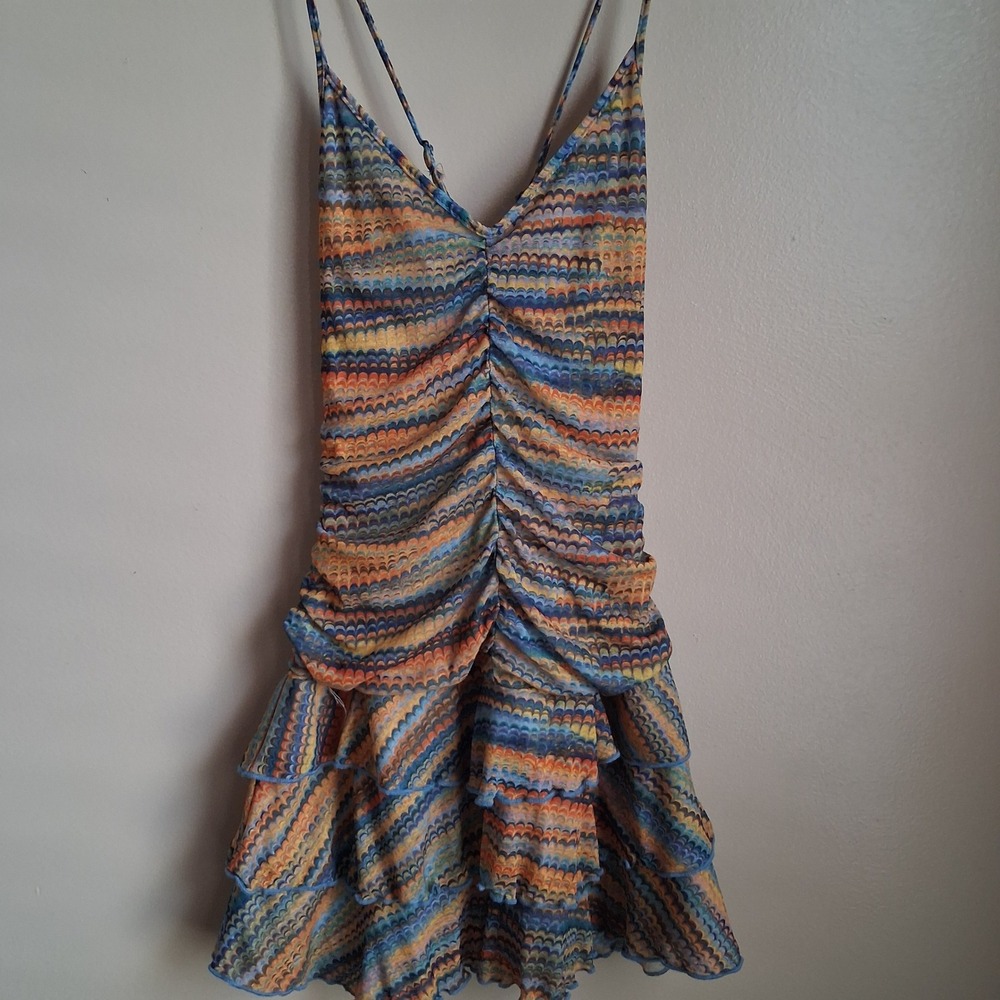 Wild Fable Multi Marbled Print Ruched Ruffle Mini Dress XS Adjustable Strap - Picture 2 of 6